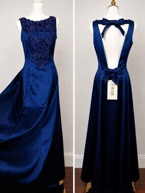 Vintage 80's/90's Loralie Original Navy Satin Open Back Bow Formal Prom Gown 12